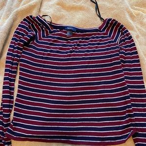Off the Shoulder, blue and red striped shirt